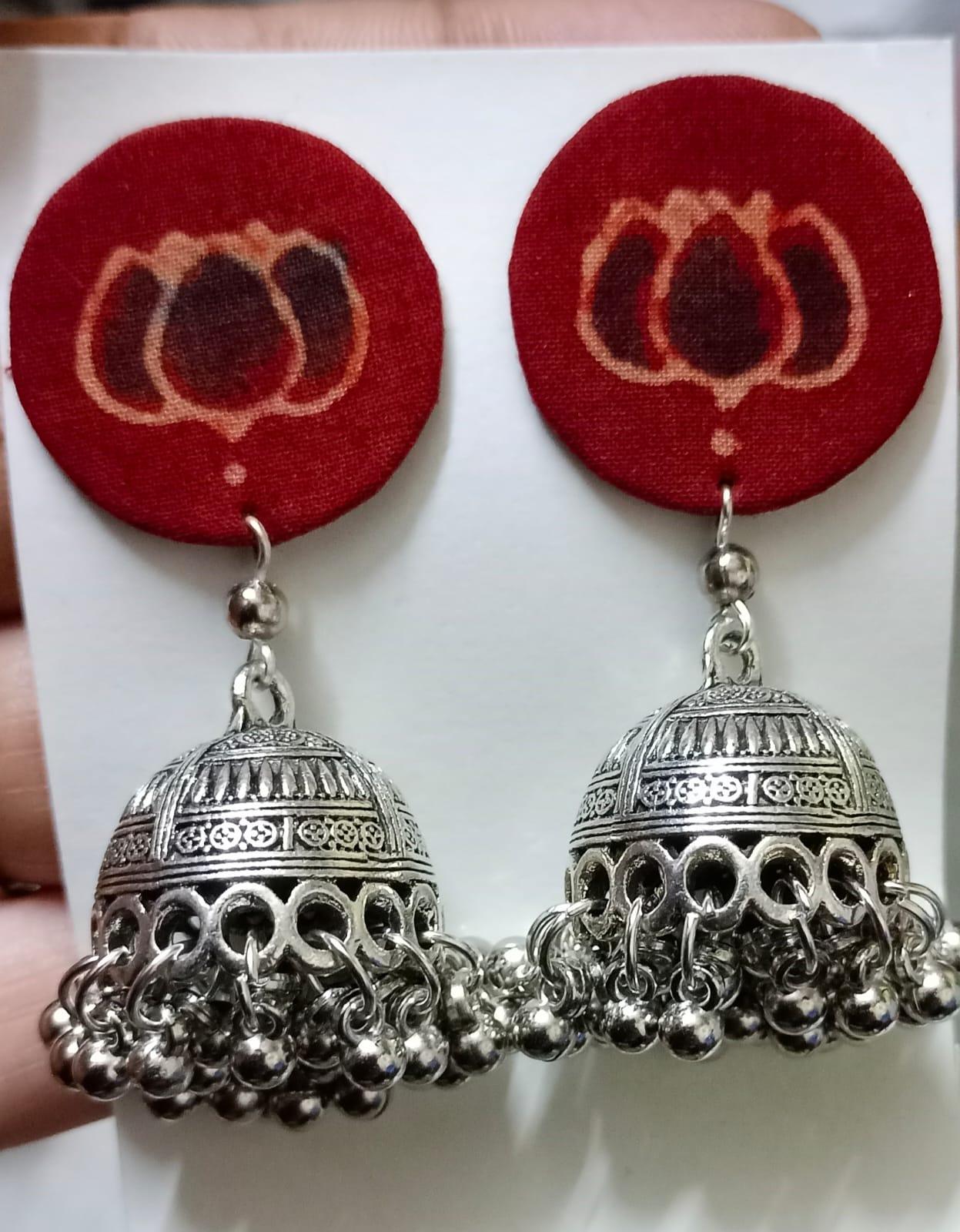 Vibrant Red Fabric Zumka Earrings with Floral Design