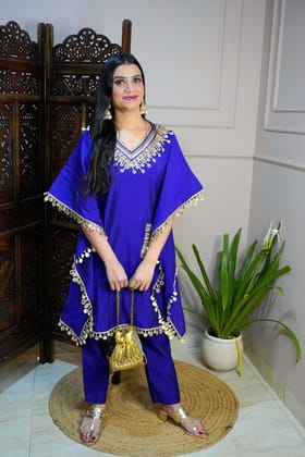 Purple Colour Gota and Mirror Work Kaftan Set With Pocket-XL / Purple