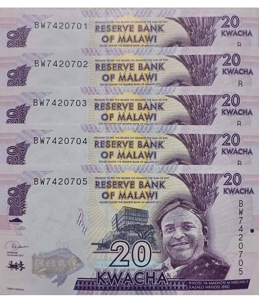 Hop n Shop - Malawi 20 Kwacha Serial 5 Gem UNC 5 Paper currency & Bank notes