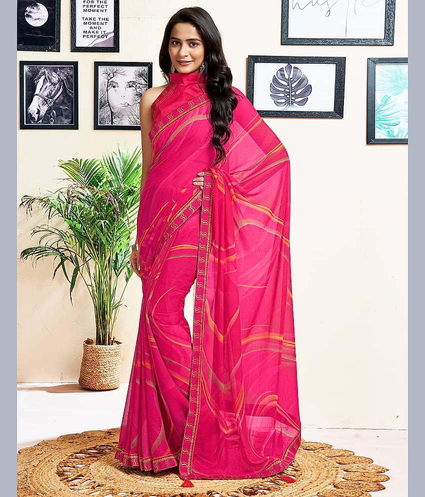 Samah Chiffon Self Design Saree With Unstitched Blouse Piece ( Rani )