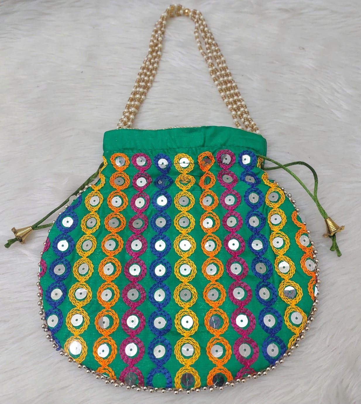 Green Potli Bag with Mirror Work and Pearl Handle
