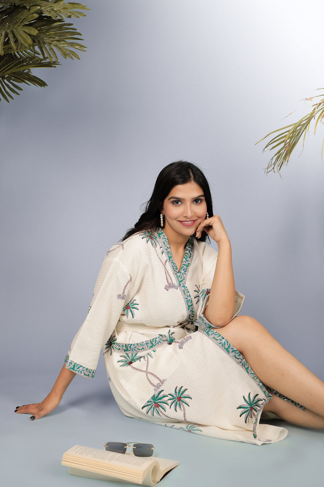 Waffle Cotton Handblock Printed Unisex Bathrobe - Free Size