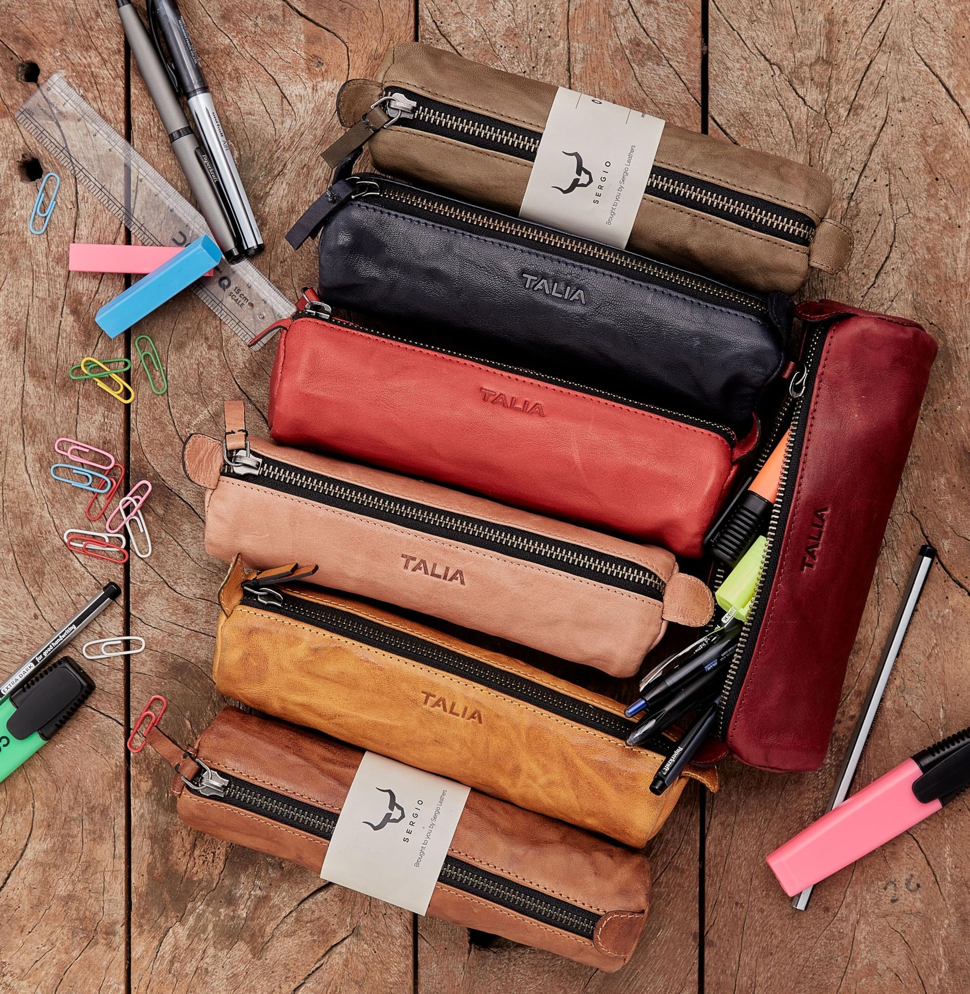 Talia  Genuine Leather Round Longitudinal Leather Pen/Pencil Case.