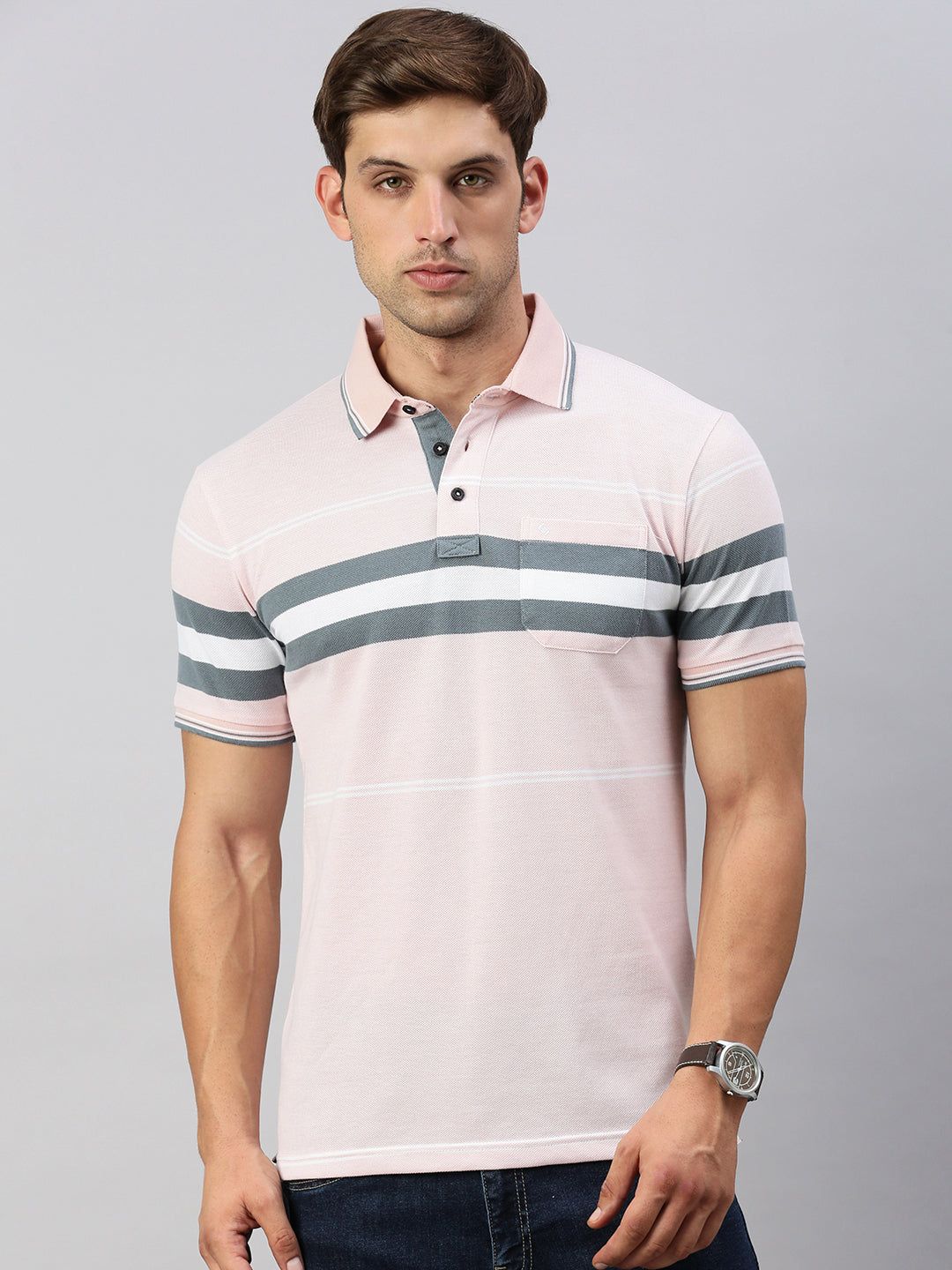 Classic Polo Men's Half Sleeve Light Pink/Grey Polo Neck Slim Fit Striped T-Shirt | VTA - 285 B SF P