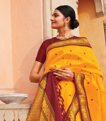 Mango Yellow Handloom Kanchipuram Korvai Silk Saree With Annam Chakaram Buttas-Mango Yellow
