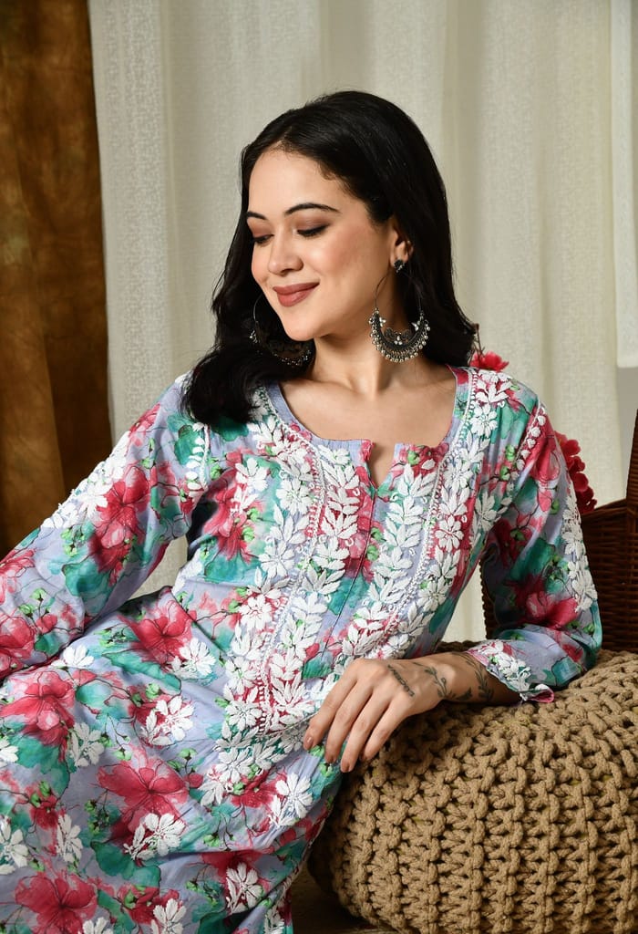 Multi color Mulmul Pure Cotton Lucknow Chikankari Kurta -Lavender