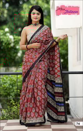 Handicraft Ladies Ikat Print Pure soft Cotton Sari With Blouse Piece-Red