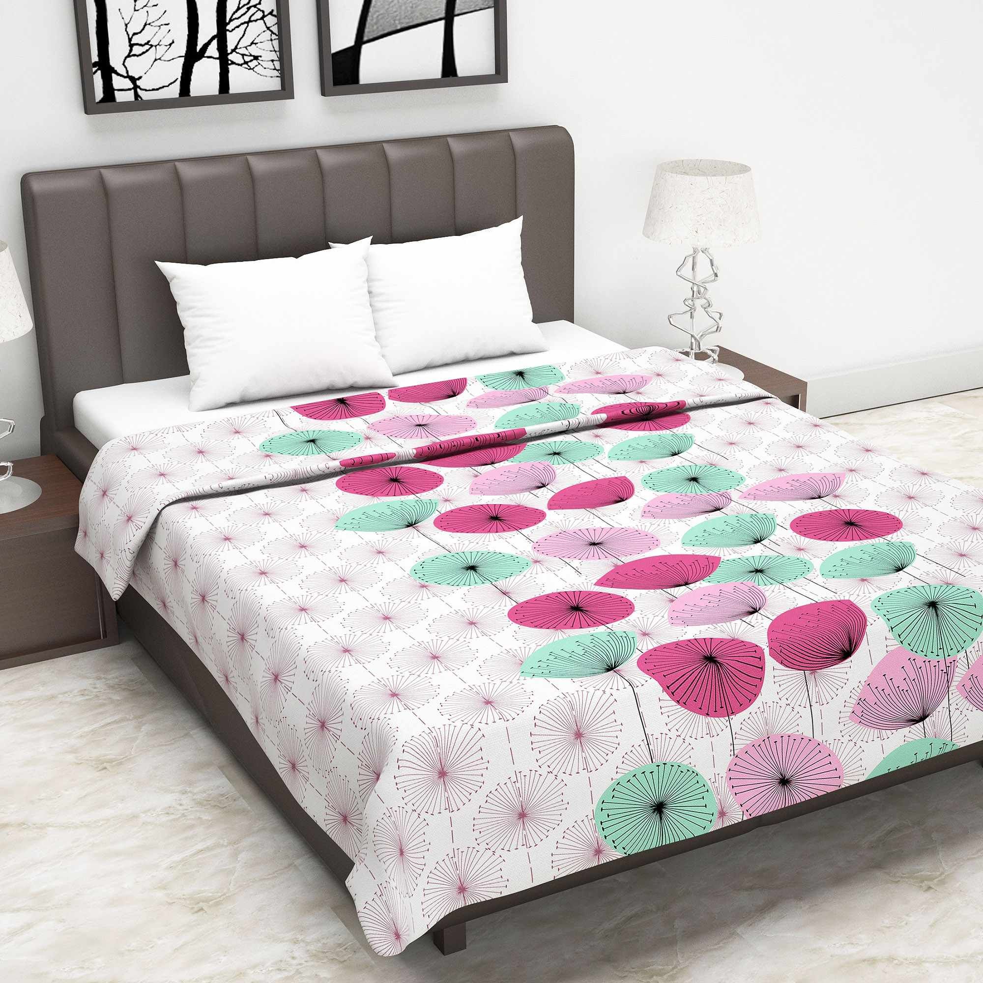 Pink and Blue 120 GSM Cotton Floral Double Bed AC Blanket Dohar for All Season-Double / Pink and Blue / MD1410