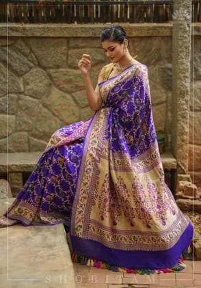 Purple Georgette Banarasi Silk Saree with Meenakari Shikkaargah Jaal  | Silk Mark Certified | Shobitam Saree