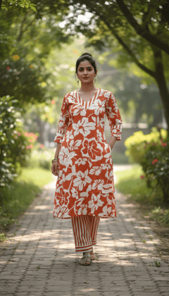 Rust Floral Cotton Kurti Pant Set for Women | V-Neck Printed Kurti with Striped Pants | Casual Daily Wear