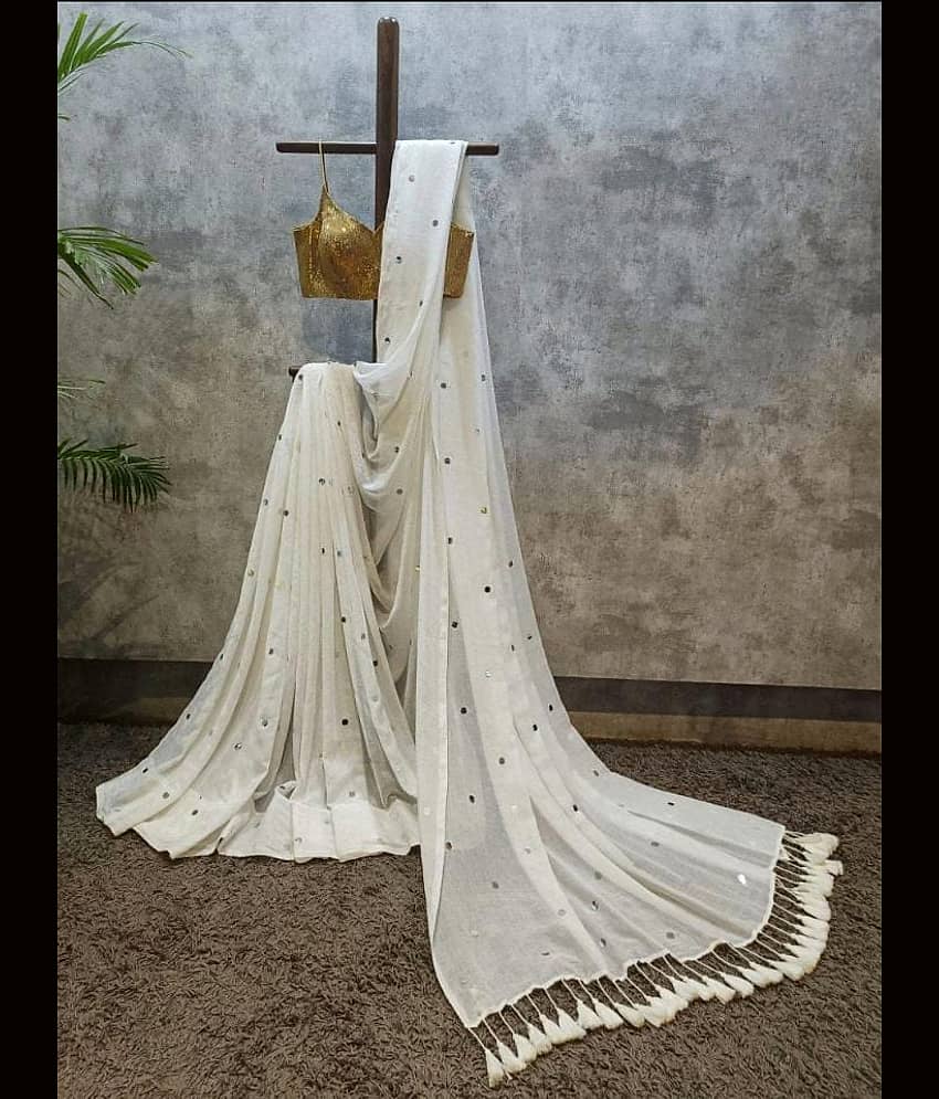 SARADA HANDLOOM Cotton Woven Tant Saree With Unstitched Blouse Piece ( White )
