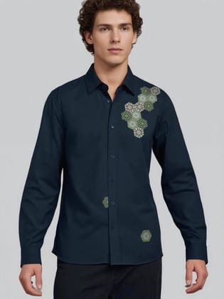 Navy Geometric Printed Casual Shirt-NAVY / S