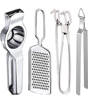 OC9 Silver Stainless Steel Lemon+Grater+Pakkad+Chimta ( Set of 4 )