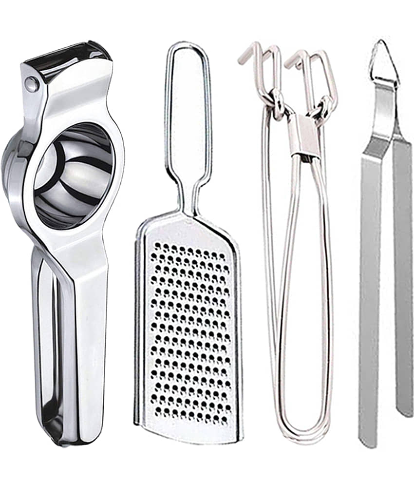 OC9 Silver Stainless Steel Lemon+Grater+Pakkad+Chimta ( Set of 4 )