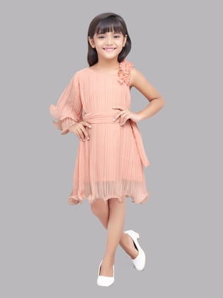 Pink Chick  Accordion Pleated One Shoulder  Dress -Peach-1-2Y / Peach