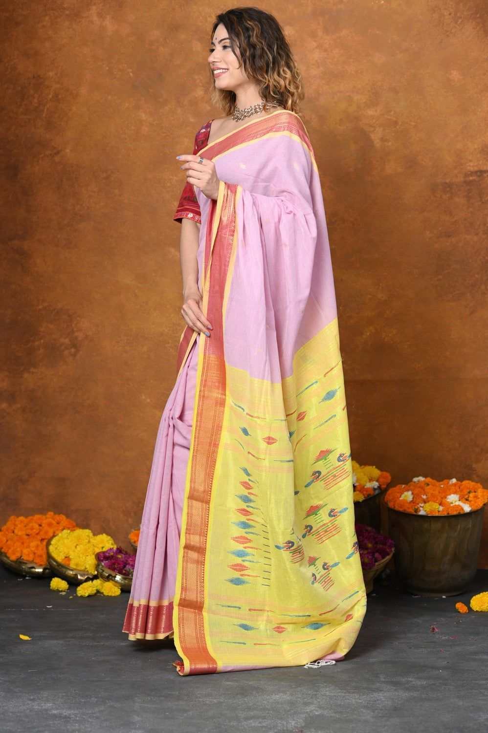 Jijamata Border Pure Cotton Paithani Saree With Traditional Double Pallu ~ Serene Orange