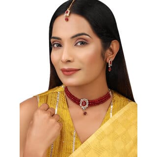 Designer Maroon Crystal Kundan Choker 4pc Jewellery set