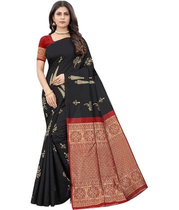 NENCY FASHION Banarasi Silk Self Design Saree With Unstitched Blouse Piece ( Black )