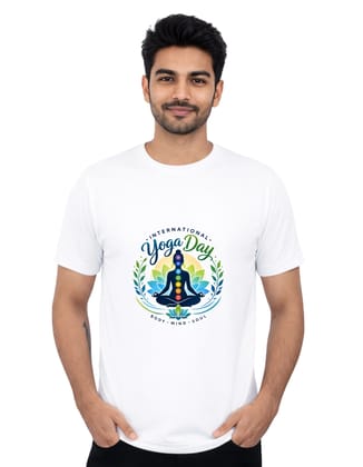 International Yoga Day Yoga Meditation Chakra Polyester Round Neck T-Shirt 140 GSM White