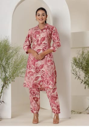Maroon & White Print Muslin Kurta With  Hem  Cuffed Pant Set-S