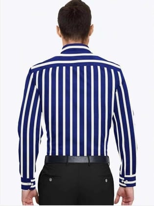 Men's Cotton Blended Striped Full Sleeve Shirt (White-Blue, M)-PID53460