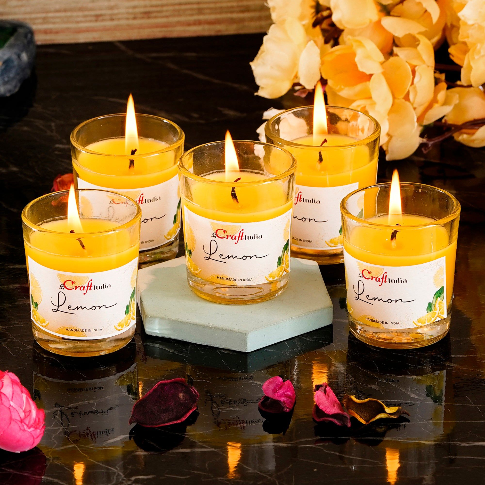 Set of 5 Lemon Scented Glass Candle