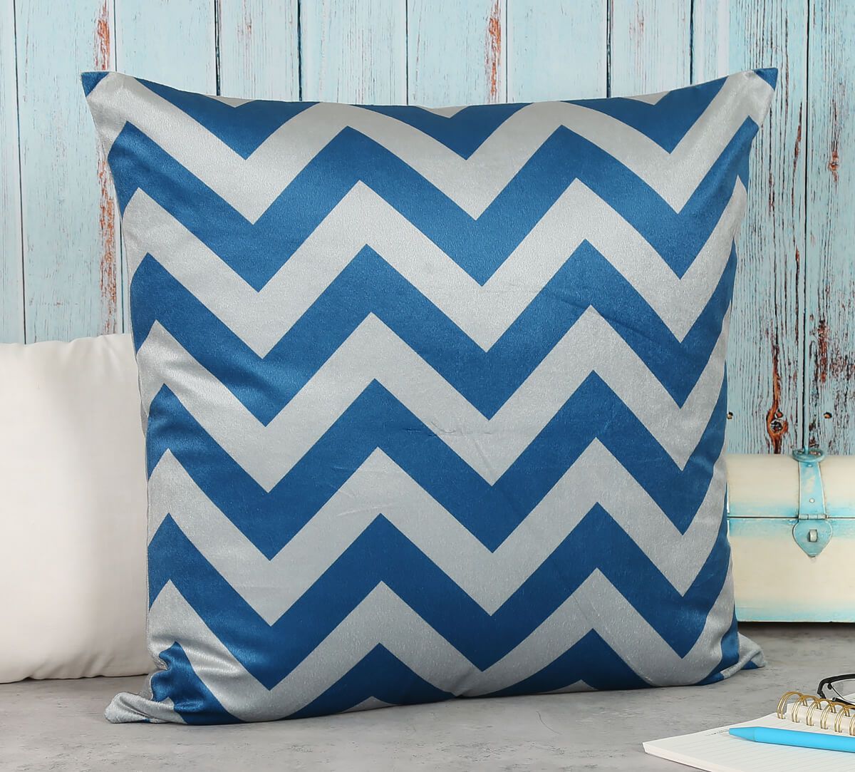 India Circus Cerulean Chevron- Blended Velvet Cushion Cover - 12 X 12 Inch