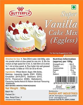 BUTTERFLY Eggless Cake Mix 500g (Vanilla) by Butterfly Dessert Mixes and Bakery Needs. BUTTERFLY Eggless Cake Mix 500g (Vanilla) by Butterfly Dessert Mixes and Bakery Needs.