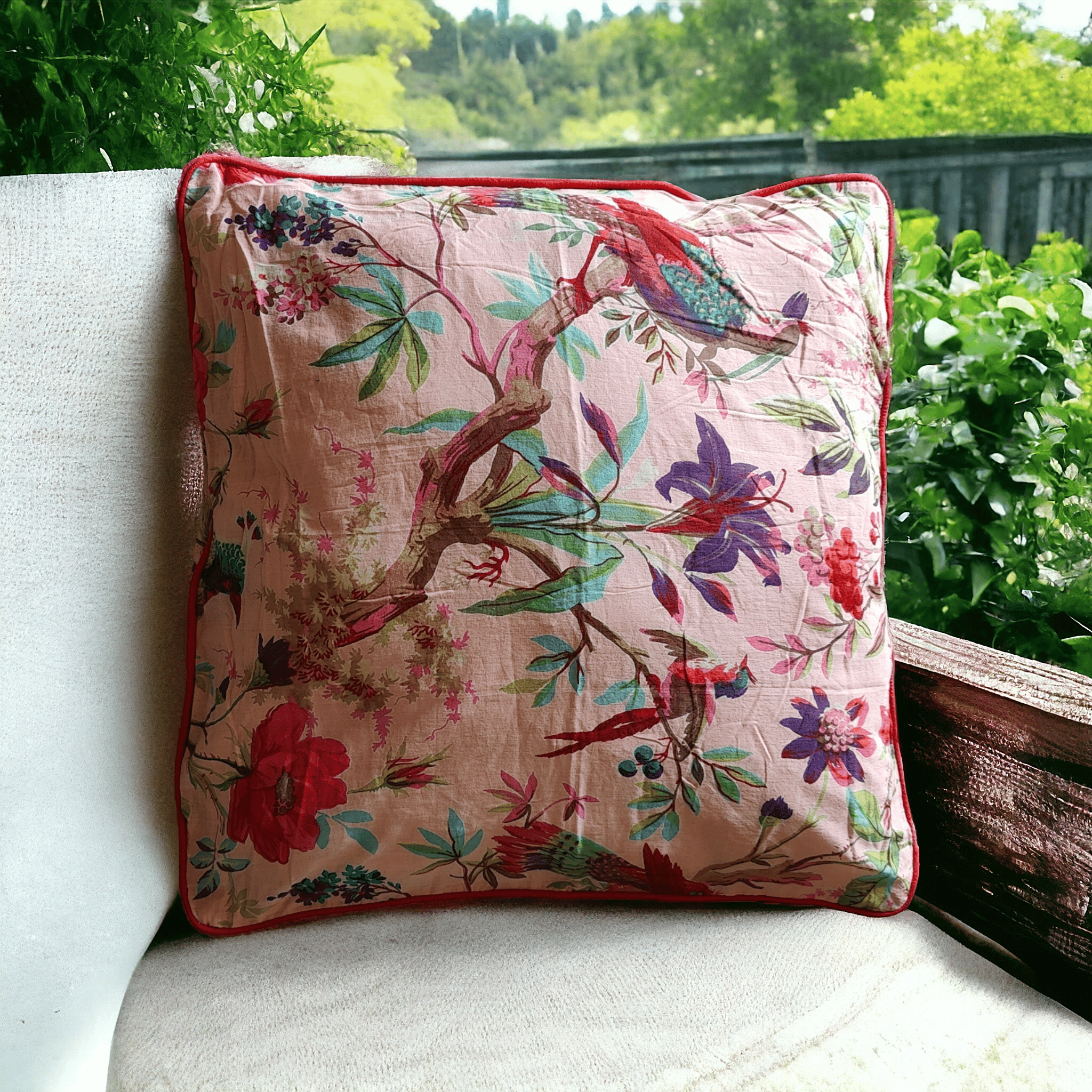 18 " Peach Birds of Paradise Cotton Cushion Cover-20 x 20 inches