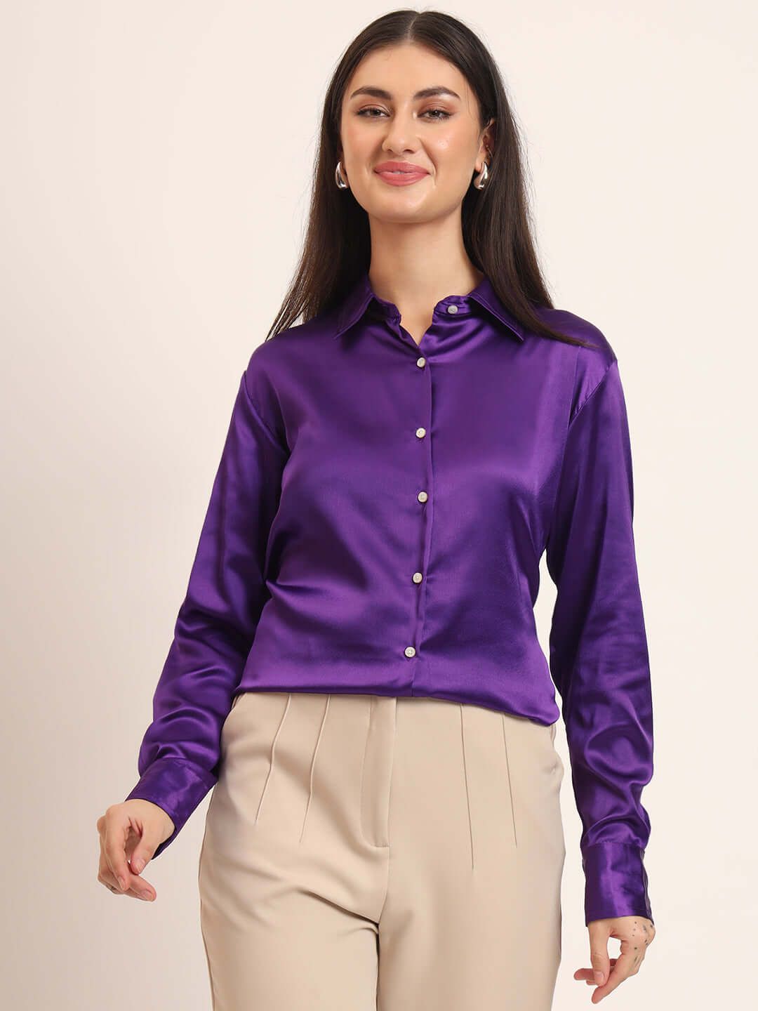 Purple Regular Fit Summer Satin Shirt-M