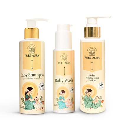Pure Aura Baby’s Pure Comfort Set | Doctor-Recommended Ayurvedic Baby Shampoo, Baby Wash & Moisturising Lotion | Tear-Free Formula for Newborns & Sensitive Skin