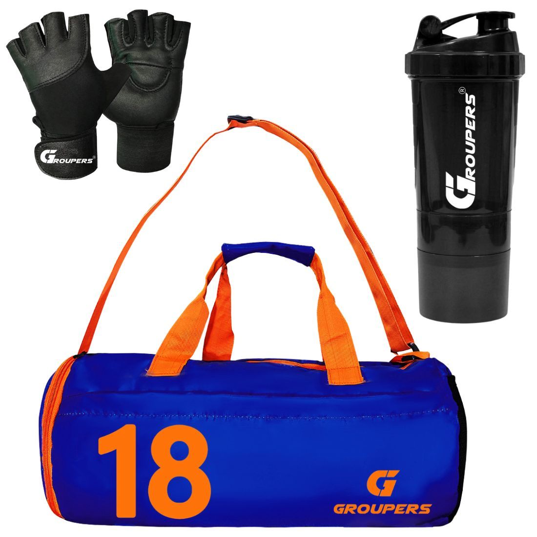 GROUPERS Combo Set of Duffle Polyester Bag with Shaker Bottle-500ml & GloveslSports & Travel Bag (Blue 10)