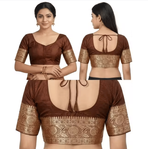 Benarasi Silk Blend Brocade Short Sleeve Saree Blouse with Tie-Up Back for Women