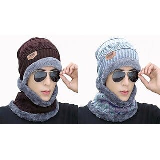 Fashlook Woolen Brown, Grey Casual Winter Cap (Pack of 2)