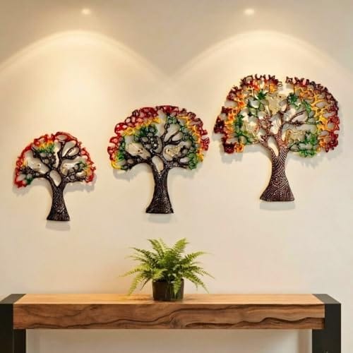 Wall Art For Living Room, Bedroom, Kitchen, Office Wall Hanging Decoration Items,Set Of 3 Multi Color Tree, Nature