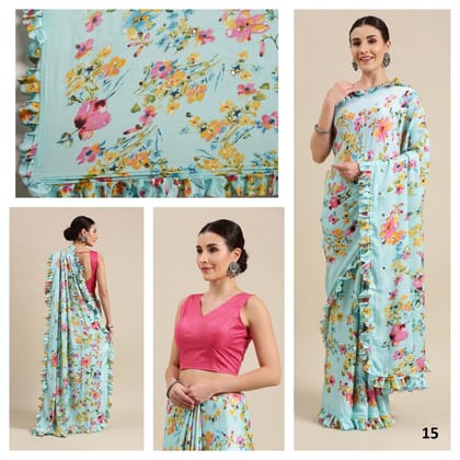 Sky Blue Color Mirror Ruffle Mosh Silk Saree.
