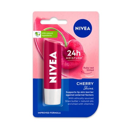 NIVEA Cherry Shine 4.8g Lip Balm | 24 H Melt in Moisture Formula | Natural Oils | Glossy Finish