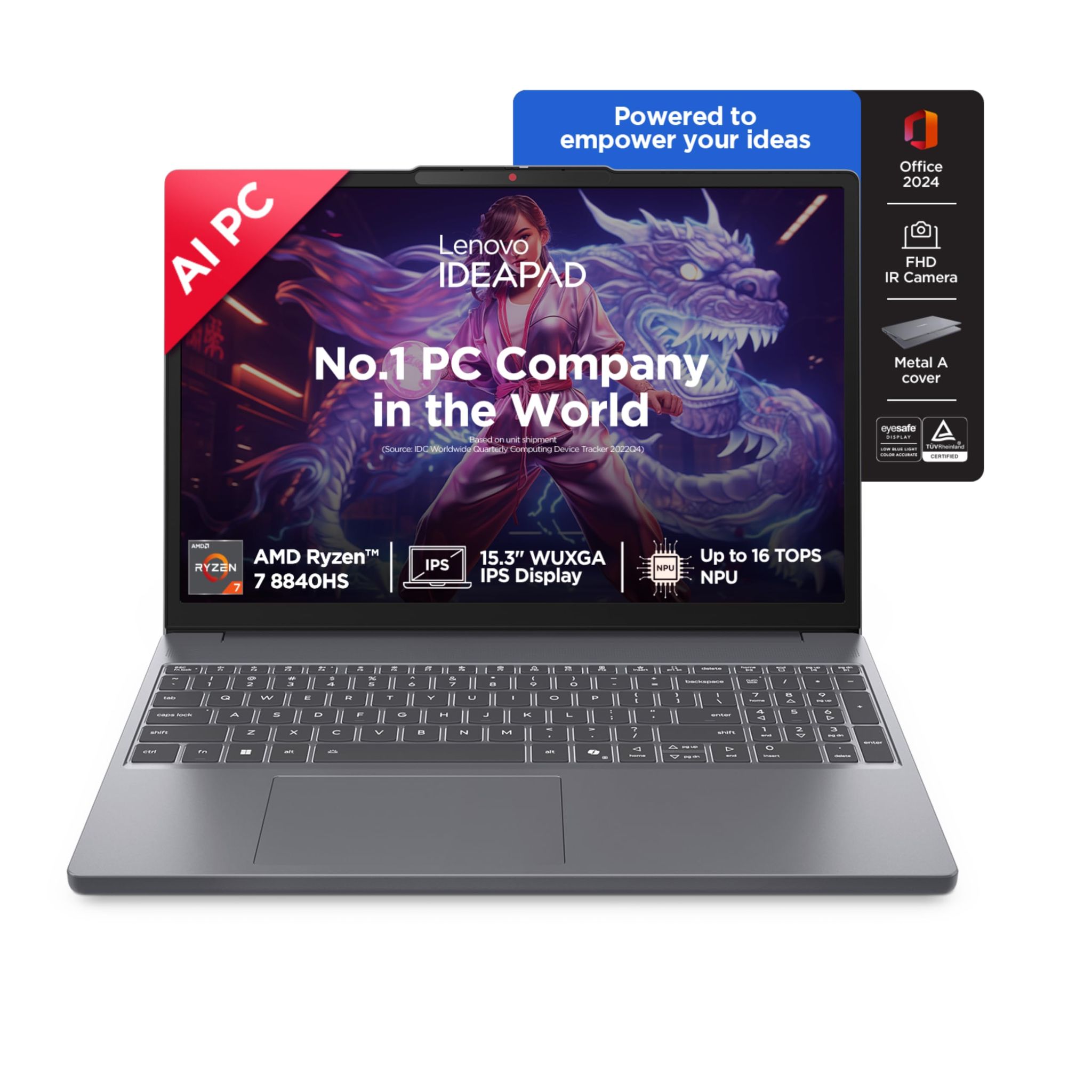 Lenovo IdeaPad Slim 3, AMD Ryzen 7 8840HS, 24GB RAM, 1TB SSD, WUXGA IPS, AI PC, 15.3"/38.8cm, Backlit Keyboard, Windows 11, Office Home 2024, Grey, 1.6Kg, 1Yr ADP Free, 83KA004TIN, AI Powered Laptop Lenovo IdeaPad Slim 3, AMD Ryzen 7 8840HS, 24GB RAM, 1T