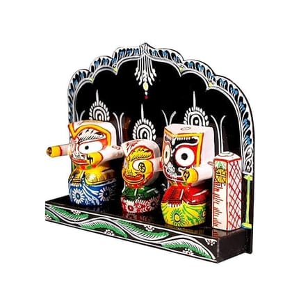 Handcrafted Wooden Jagannath, Balabhadra & Subhadra Idol Set on Acrylic Singhasan for Home Temple & Pooja Decor – Traditional Jagannath Trio Statue (Multicolor)