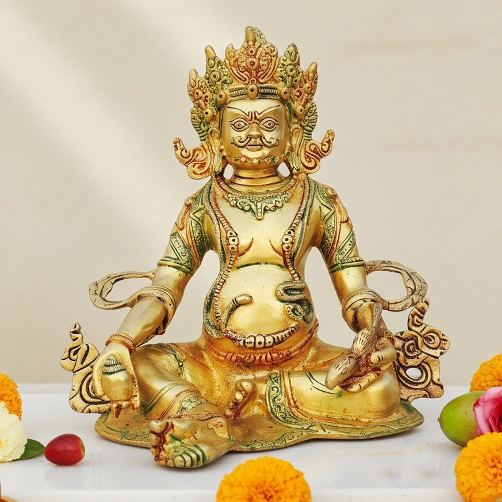 Brass Kuber Ji Statue - Lord of Wealth Decorative Idol, Height : 10 Inch (BSMAS1244 B)