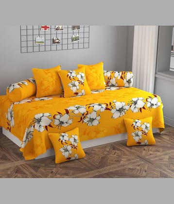 SHOMES Cotton Floral Diwan Set 8 Pcs - Yellow