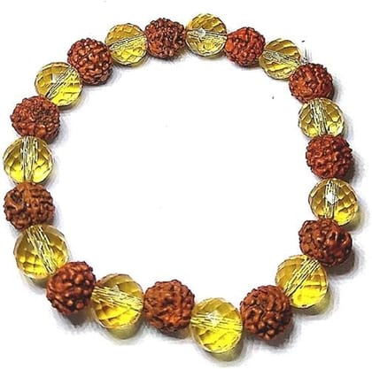 CRUZINE Citrine Crystal and Rudraksha Beads Bracelet, Yellow and Brown, Unisex Spiritual Jewellery