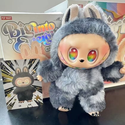 Labubu Doll Adorable Grey Furry Plush Figure with Rainbow Eyes