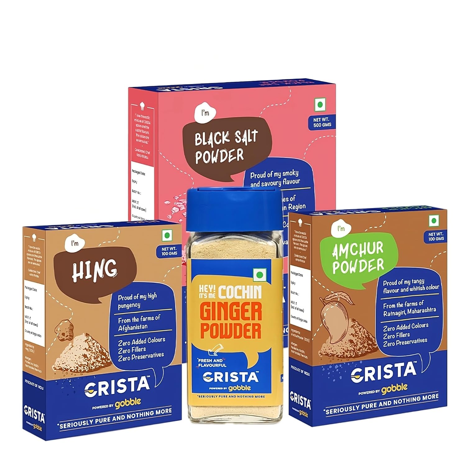 CRISTA Daily Ground Spices (Masala) Combo Pack (Amchur Powder 100 gm, Black Salt Powder 500 gm, Ginger Powder 40 gm & Hing 100 gm) - Pack of 4
