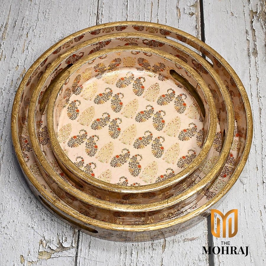The Mohraj Exquisite Multicolor Round MDF Trays with Gold Foil Finish Set of 3  
