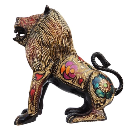 Brass Lion Black Meena Decorative Showpiece Statue for Home & Office Decor, Height : 8 Inch (ANMAS154)