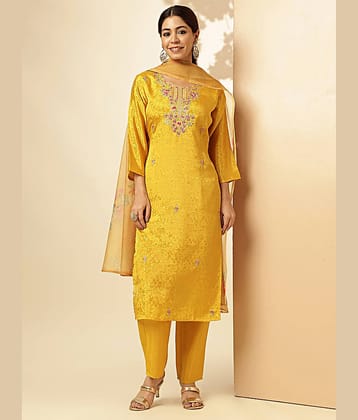 Vbuyz Silk Embroidered Kurti With Pants Women's Stitched Salwar Suit - Yellow ( Pack of 1 )
