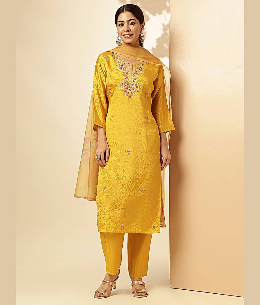 Vbuyz Silk Embroidered Kurti With Pants Women's Stitched Salwar Suit - Yellow ( Pack of 1 )