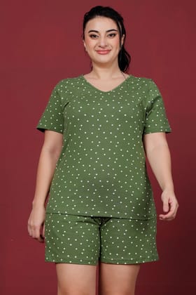 Green Polka Dots Printed Night Suit Set-L / L / Green