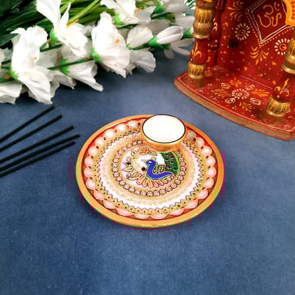 Marble Pooja Thali With Diya | Aarti Thali - Heavy Peacock Design - For Pooja, Weddings & Festivals - 6 Inch